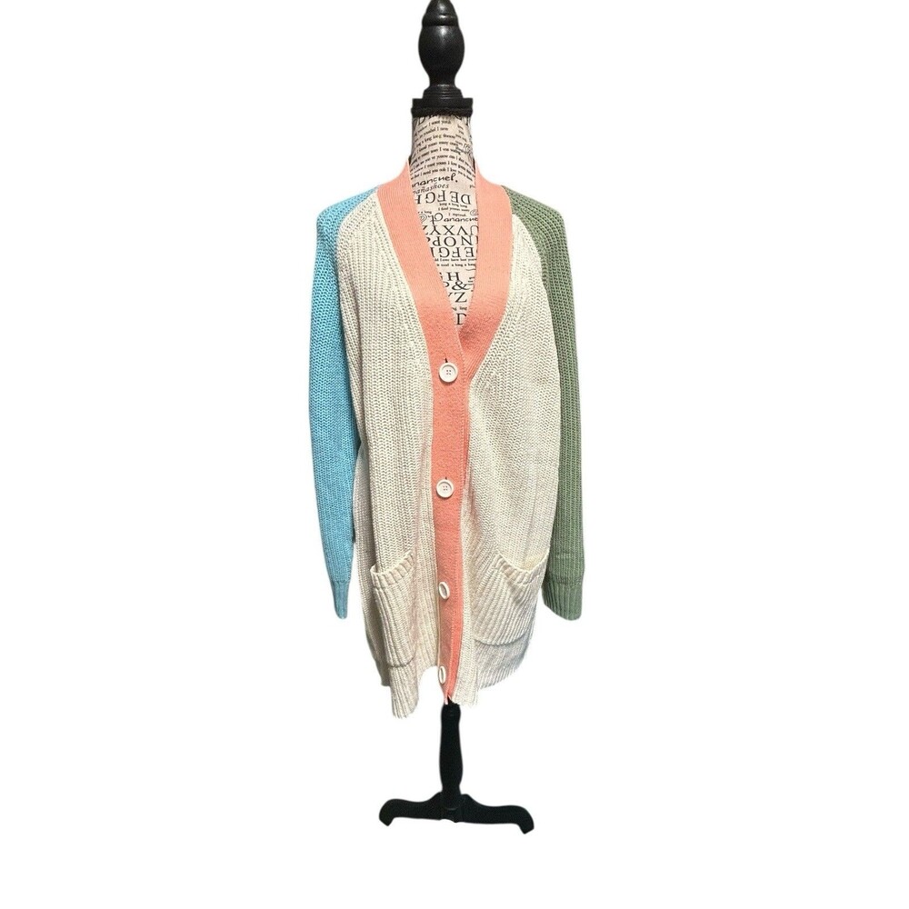 Woman Within Size Large Button-Front Color Block Shaker Cardigan Pockets